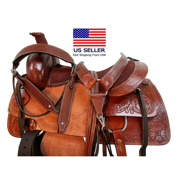 Western Pleasure Trail Saddle Floral Tooled Leather Horse Tack 15 16 17 18 FQHB With Headstall Breast Collar Reins | Free Shipping
