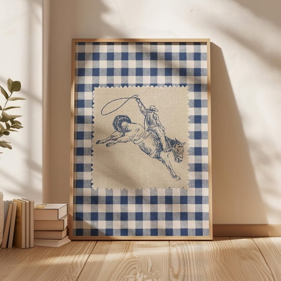 Western Poster, Cowboy Rodeo Poster Wall Art, Retro Aesthetic, Cottagecore Decor, Trendy Downloadable Poster, Rustic Country Blue Gingham, Size 8x12 UNFFRAMED F03.1.7l3312