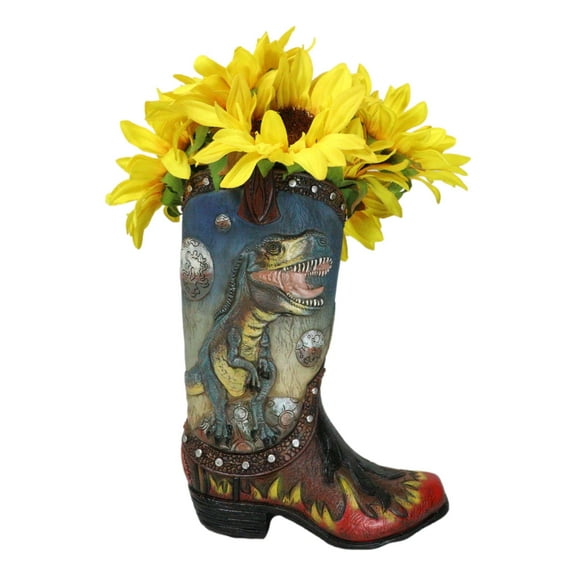 Western Prehistoric T-Rex Dinosaur With Volcano Faux Leather Cowboy Boot Vase