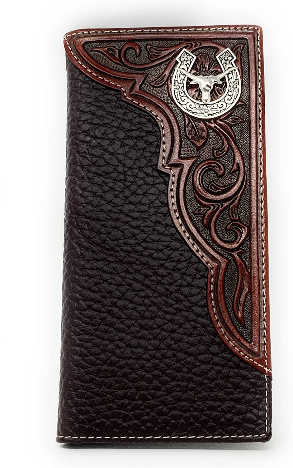 Western Premium Genuine Leather Tooled Men's Long Bifold Wallet premium