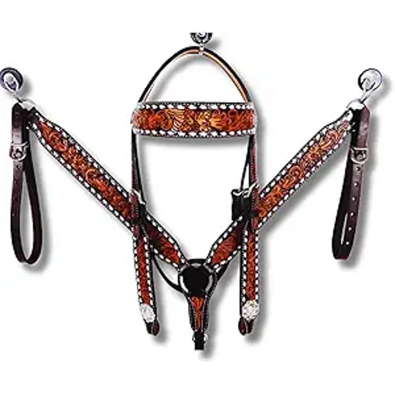 Western Premium Leather Equestrian Headstall, Breast Collar, Reins & Wither Straps - Hand-Carved Tooled Beaded Design (FULL)
