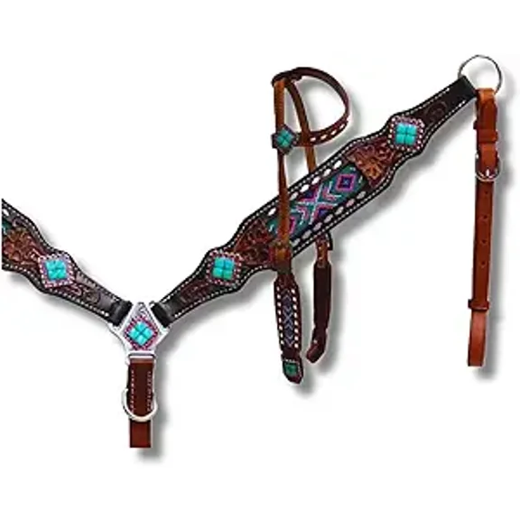 Western Premium Leather Equestrian Headstall, Breast Collar, Reins & Wither Straps - Hand-Carved Tooled Beaded Design (FULL)
