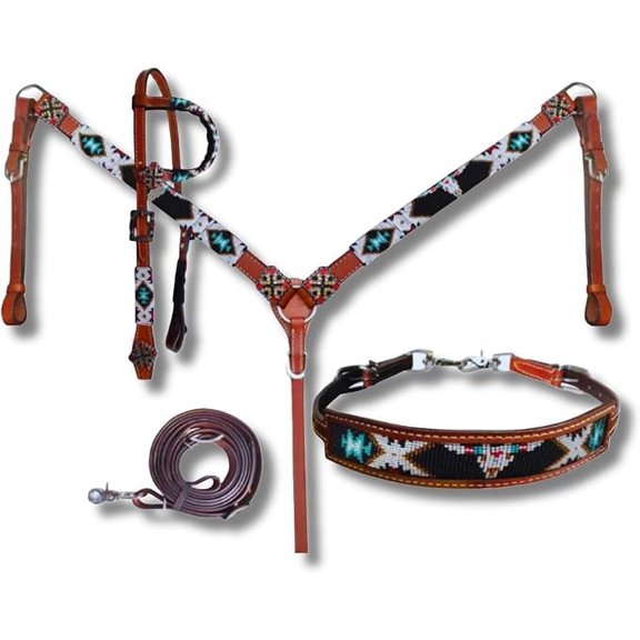 Western Premium Leather Equestrian Headstall, Breast Collar, Reins & Wither Straps - Hand-Carved Tooled Beaded Design (FULL)