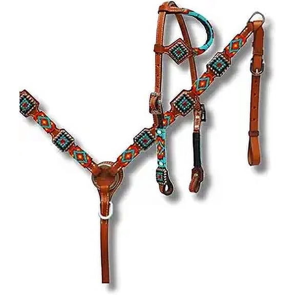 Western Premium Leather Equestrian Headstall, Breast Collar, Reins & Wither Straps - Hand-Carved Tooled Beaded Design