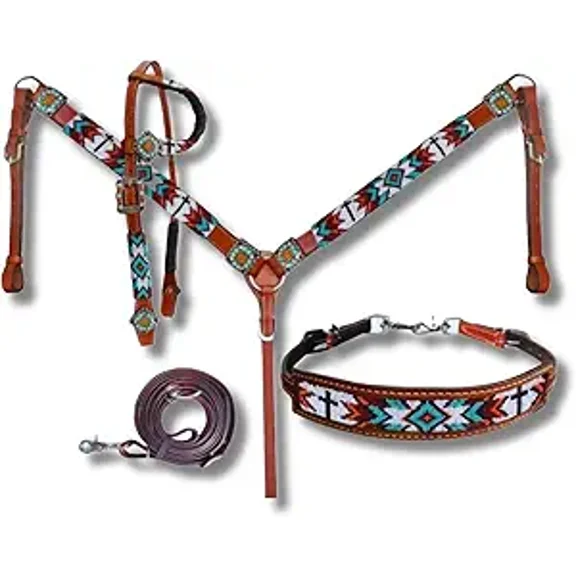 Western Premium Leather Equestrian Headstall, Breast Collar, Reins & Wither Straps - Hand-Carved Tooled Beaded Design