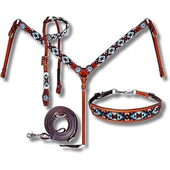 Western Premium Leather Equestrian Headstall, Breast Collar, Reins & Wither Straps - Hand-Carved Tooled Beaded Design