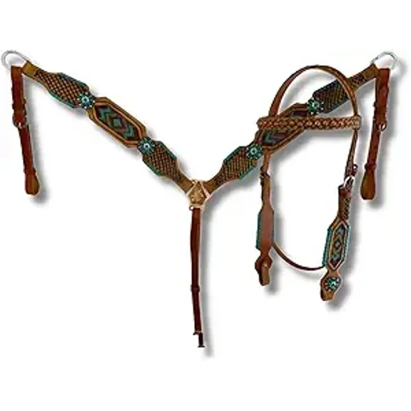 Western Premium Leather Equestrian Headstall, Breast Collar, Reins & Wither Straps - Hand-Carved Tooled Beaded Design