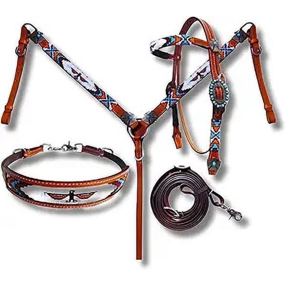 Western Premium Leather Equestrian Headstall, Breast Collar, Reins & Wither Straps - Hand-Carved Tooled Beaded Design
