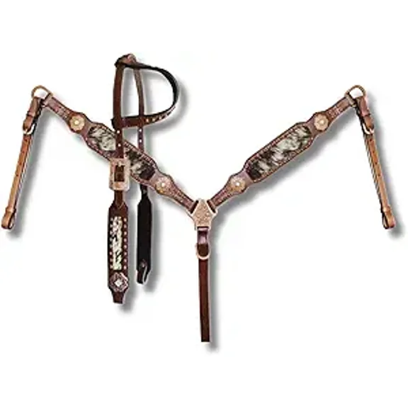 Western Premium Leather Equestrian Headstall, Breast Collar, Reins & Wither Straps - Hand-Carved Tooled Beaded Design