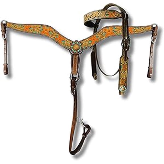 Western Premium Leather Equestrian Headstall, Breast Collar, Reins & Wither Straps - Hand-Carved Tooled Beaded Design