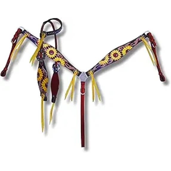 Western Premium Leather Equestrian Headstall, Breast Collar, Reins & Wither Straps - Hand-Carved Tooled Beaded Design