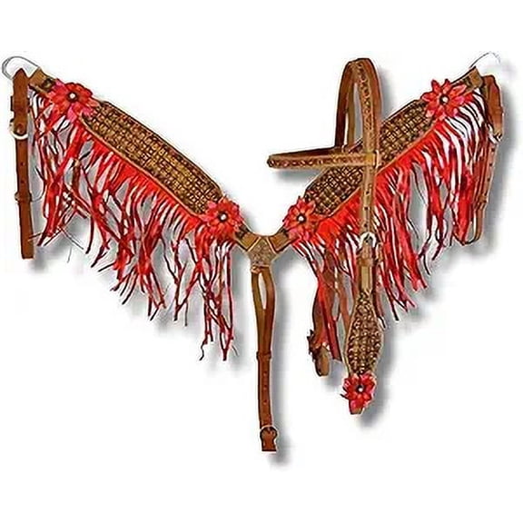 Western Premium Leather Equestrian Headstall, Breast Collar, Reins & Wither Straps - Hand-Carved Tooled Beaded Design