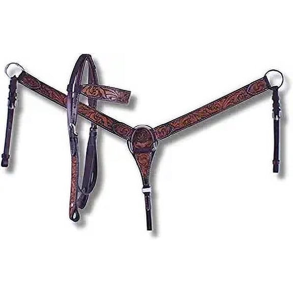 Western Premium Leather Equestrian Headstall, Breast Collar, Reins & Wither Straps - Hand-Carved Tooled Beaded Design