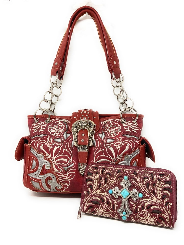 Western Premium Suede Leather Cross Buckle Floral Women's shoulder handbag Wallet Set