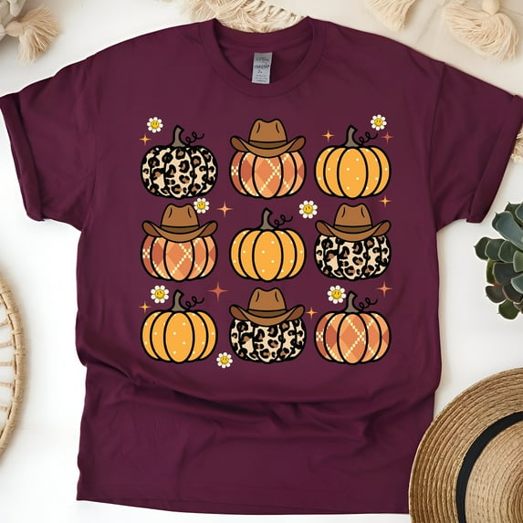 Western Pumpkin Shirt Leopard Cowgirl Fall Graphic Tee, Maroon, Size XL