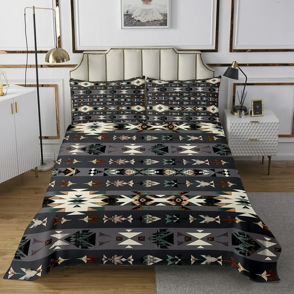 Western Quilt Set Geometric Aztec Bedspread Set Queen,Southwestern Coverlet Set Exotic Tribal Arrow Quilted,Bohemian Geometry Western Decor for Bedroom