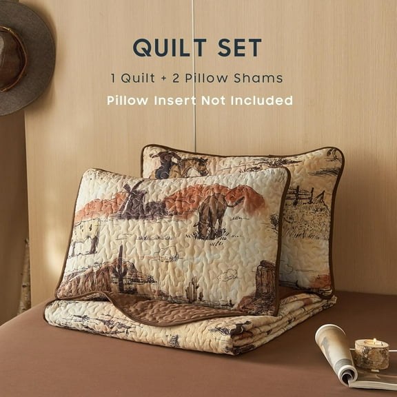 Western Quilt Set King Size - Rustic Pattern Reversible Lightweight Bedspread Coverlet with Pillow Shams for Bedroom Decor