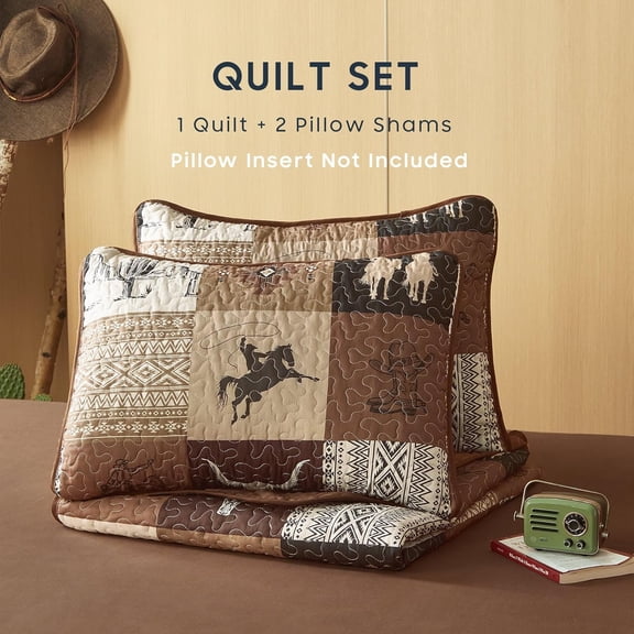 Western Quilt Set King Size Tan Brown Southwestern Pattern Reversible Lightweight Bedspread Coverlet 3 Pieces