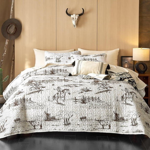 Western Quilt Set, Rustic Ranch Life with Cowboy Southwestern Vintage Country Pattern Printed, Reversible Lightweight Bedspread Coverlet, 3 Pieces, Black White, King Size