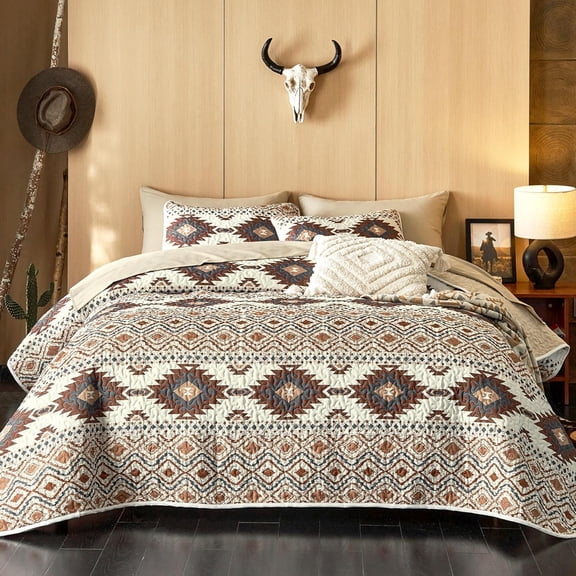 - Western Quilt Set, Southwestern Aztec Country Style with Rustic Ranch Vibe, Reversible Lightweight Bedspread Coverlet, 3 Pieces, Beige Brown, Queen/Full Size