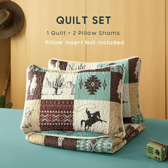 Western Quilt Set - Southwestern  Pattern, Reversible Lightweight Bedspread Coverlet, Turquoise Taupe,  Size