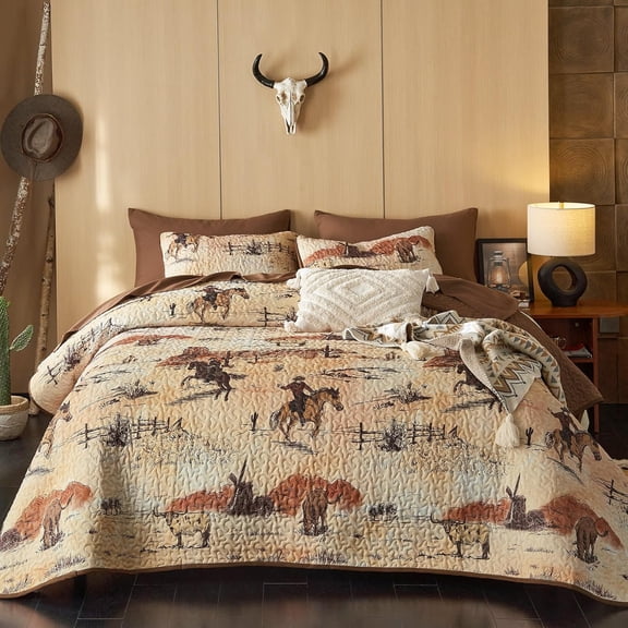 Western Quilt Set with Cowboy Southwestern Pattern Reversible Lightweight 3-Piece Bedspread Queen Full Size Ochre Brown