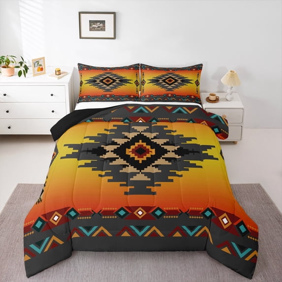 Western Quilt Vintage Geometry Triangle Diamond Bedding Set,Boho Western Comforter Set King,Southwestern Native Aztec Duvet Insert Ethnic Tribe Arrow Sriped Room Decor,Orange Grey