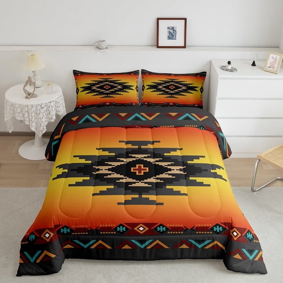 Western Quilt Vintage Geometry Triangle Diamond Bedding Set,Boho Western Comforter Set King,Southwestern Native Aztec Duvet Insert Ethnic Tribe Arrow Sriped Room Decor,Orange Grey
