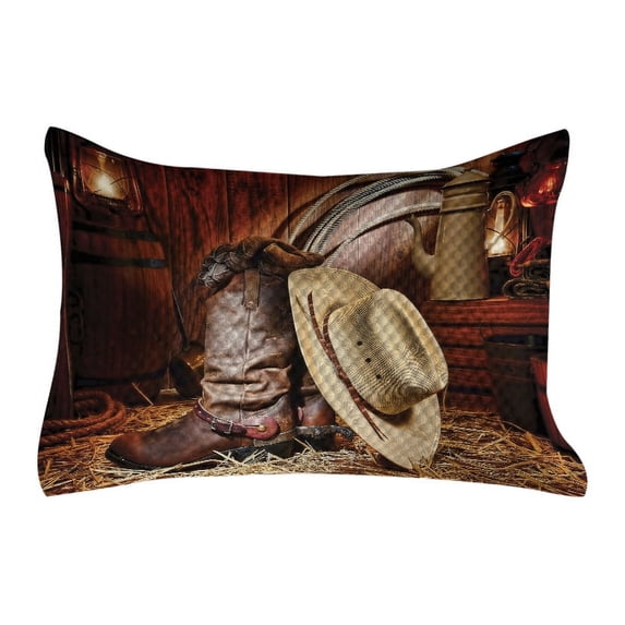 Western Quilted Pillowcover, American West Rodeo Elements with Antique Supplies Retro Art Photo, Standard King Size Accent Pillow Cover for Bedroom, 36" x 20", Brown Beige, by Ambesonne