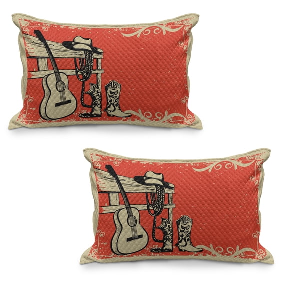 Western Quilted Pillowcover Set of 2, Image of Wild West Elements with Country Music Guitar and Cowboy Boots Retro Art, Standard Queen Size Pillow Cover Bedroom, 30" x 20", Beige Orange, by Ambesonne