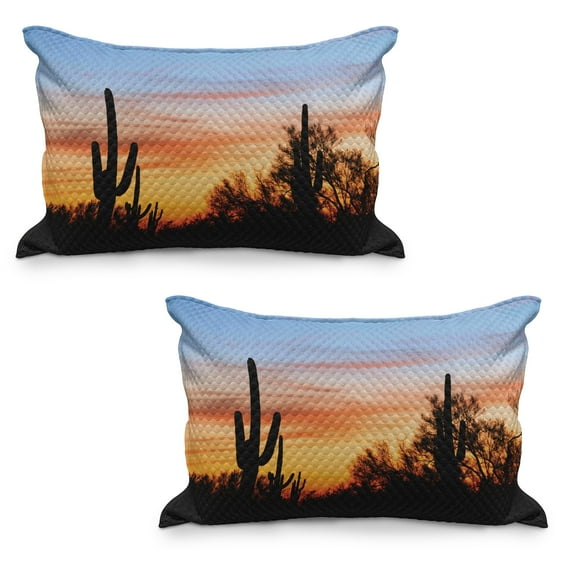 Western Quilted Pillowcover Set of 2, Sunny Desert Cactus Silhouettes Picture Wild West Nature Sunset Photography, Standard Queen Size Pillow Cover Bedroom, 36" x 20", Orange and Black, by Ambesonne