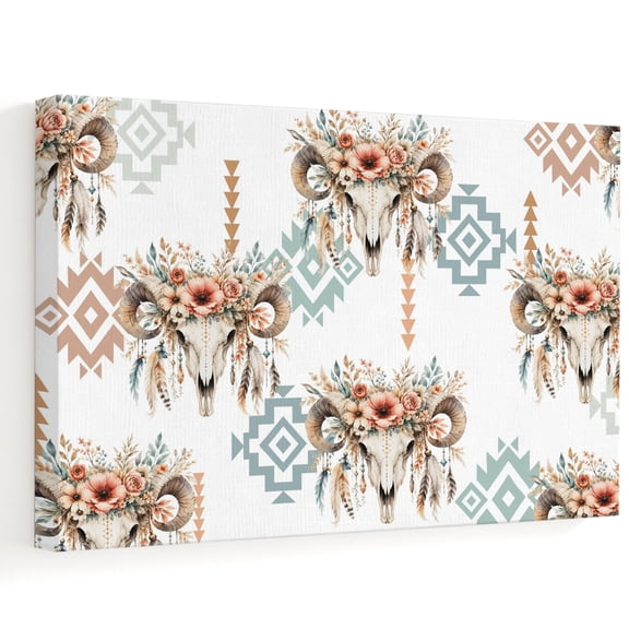 Western Ram Skulls Canvas Wall Art, Country Ethnic Farmhouse Geometric Pink Flowers Wall Art Prints Artwork Framed Canvas Ready to Hang Art Pictures for Bathroom, Dressing Table, Entryway 12" x 8"
