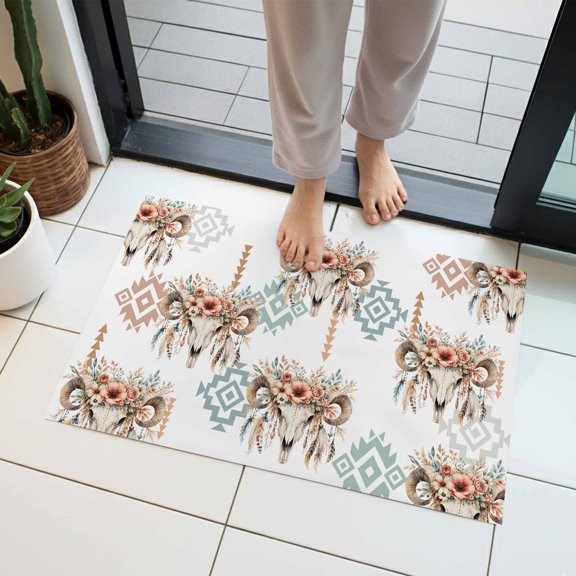 Western Ram Skulls Indoor Door Mat 16x24 Inch Country Ethnic Farmhouse Geometric Pink Flowers Front Door Mat Non Slip Washable Entryway Rug Low Profile Dirt Trapper Doormat for Kitchen Bedroom
