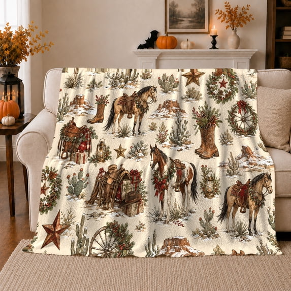 Western Ranch Christmas Horse Cowboy Boots decorative motif Holiday, Festive Holiday Scene, Warm Flannel Blanket for Ranch House and Living Room, Horse Lovers Christmas Gift, Rustic Home Decor