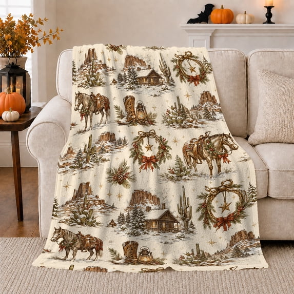 Western Ranch Horse Cabin Holiday Wreaths, Festive Holiday Scene, Warm Flannel Blanket for Ranch House and Living Room, Horse Lovers Housewarming Gift, Rustic Home Decor
