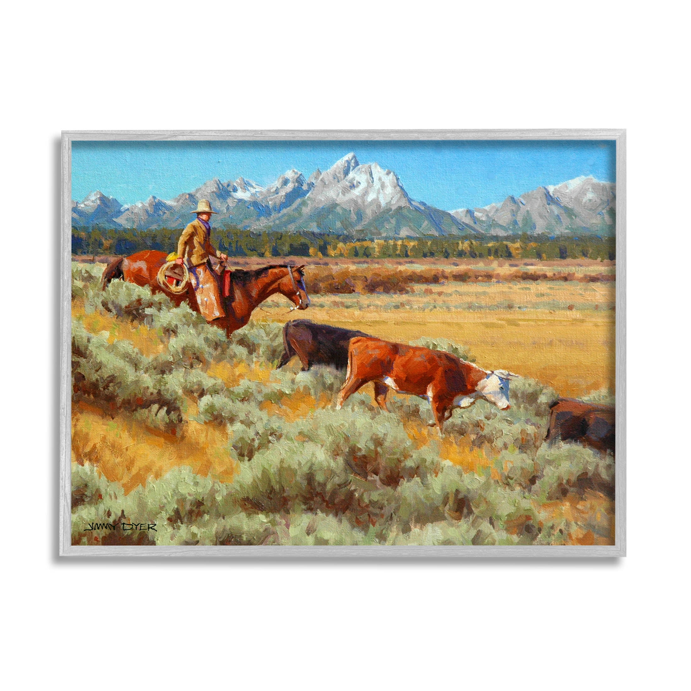 Western Ranch Horse Cattle Animals & Insects Painting Gray Framed Art Print Wall Art