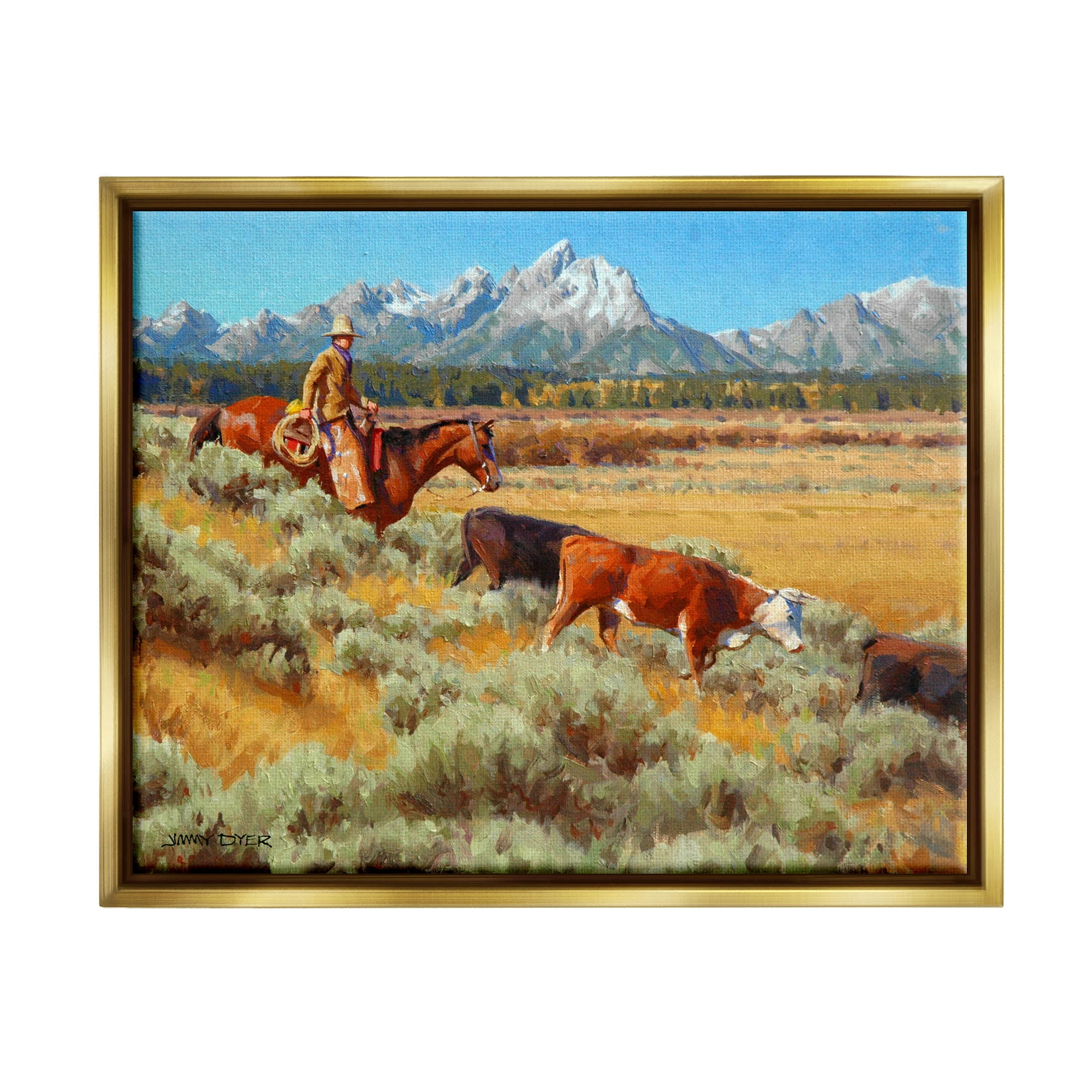 Western Ranch Horse Cattle Animals & Insects Painting Metallic Gold Framed Art Print Wall Art