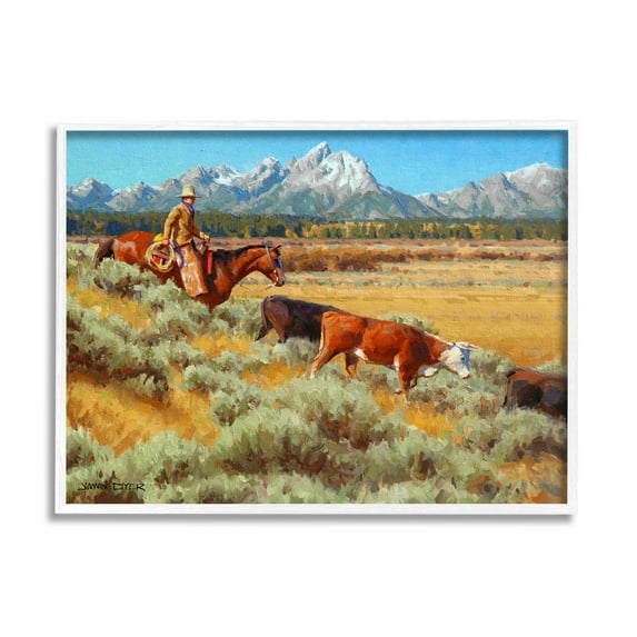 Western Ranch Horse Cattle Animals & Insects Painting White Framed Art Print Wall Art