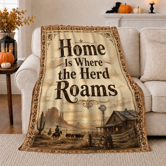 Western Ranch Landscape Cowboy Herding Cattle, Rustic Farmhouse Horse Scene, Warm Flannel Blanket for Ranch House and Living Room, Horse Lovers Housewarming Gift, Rustic Home Decor