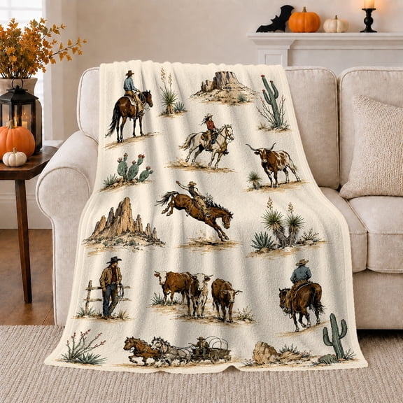 Western Ranch Riders with Longhorn Cattle Wagon and Desert Mesas, Classic Cowboy Art, Cactus Trail Motif Warm Flannel Blanket, Father's Day Gift for Den Home Decor