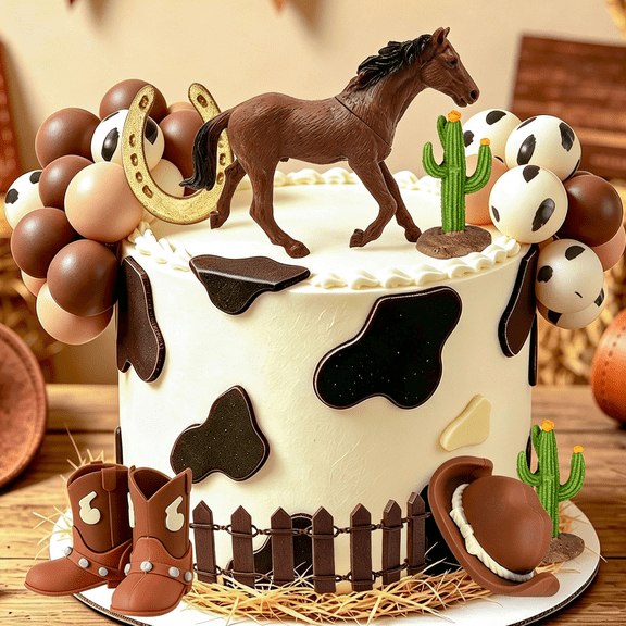 Western Ranch Theme Party Decoration Set - Brown Cowboy Boot Cake Topper for Birthdays and Rustic Country Gatherings