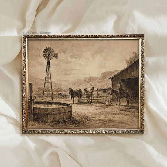 Western Ranch Wall Art Print, Sepia Cowboy Horse Windmill Landscape Decor