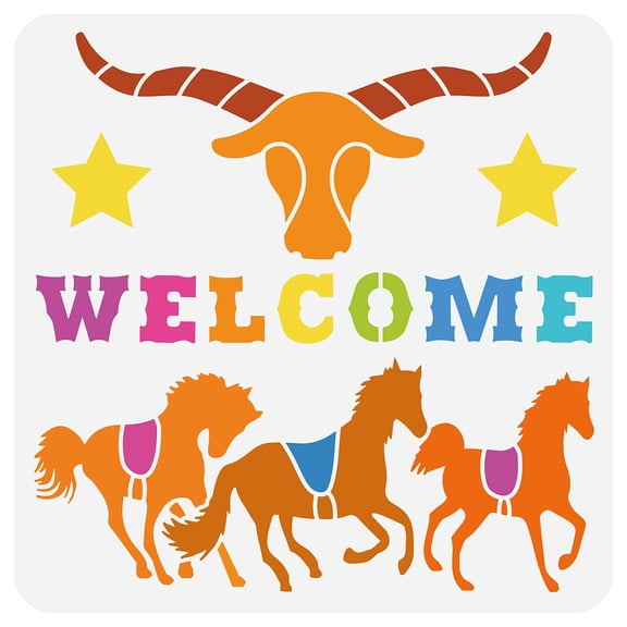 Western Ranch Welcome Sign Stencil 11.8x11.8 inch Reusable Horses Cow Pattern Drawing Template DIY Animal Theme Craft Stencil