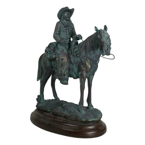 Western Ranger Cowboy With Hat On Bronco Horse Faux Bronze Verdigris Figurine