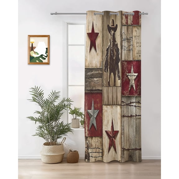 Western Red Curtains 72 inches Long for Living Room Bedroom Brown Texas Star Wood Grain Distressed Patchwork Sliding Door Sheer Curtains Light Filtering Curtain 1 Panel Grommet Window Drape