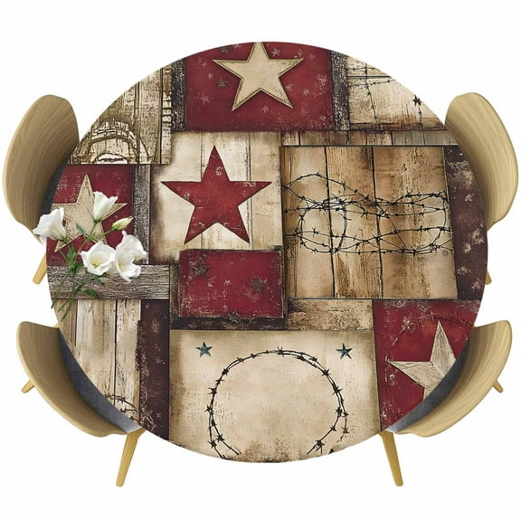 Western Red Round Fitted Tablecloth with Elastic Edge, Borown Texas Star Vintage Wood Grain Patchwork Stretch Table Covers for 36"-44" Tables Wipeable Table Cloth for Outdoor