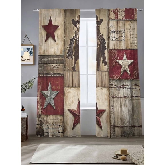 Western Red Sheer Curtains 2 Panels Set, 52" W x 84" L Brown Texas Star Wood Grain Distressed Patchwork Light Filtering Rod Pocket Voile Drapes, Window Sheer Curtains for Living Room/Bedroom