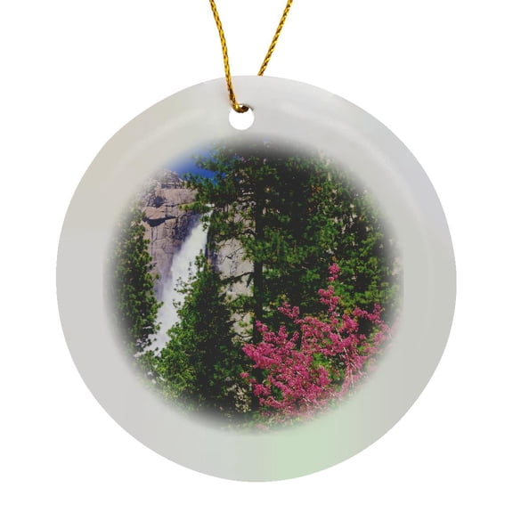 3drose, Western Redbud under Yosemite Falls, California, Usa, Circle Porcelain Ornament