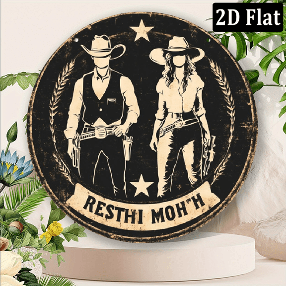 Western Restroom Metal Sign - 8 Inch Rustic CowboyCowgirl Silhouette Wall Art - Vintage Ranch Bathroom Decor for Cabin, Saloon or Hunting Lodge - No Tools Needed Hanging - Unique Fathers Day Gift