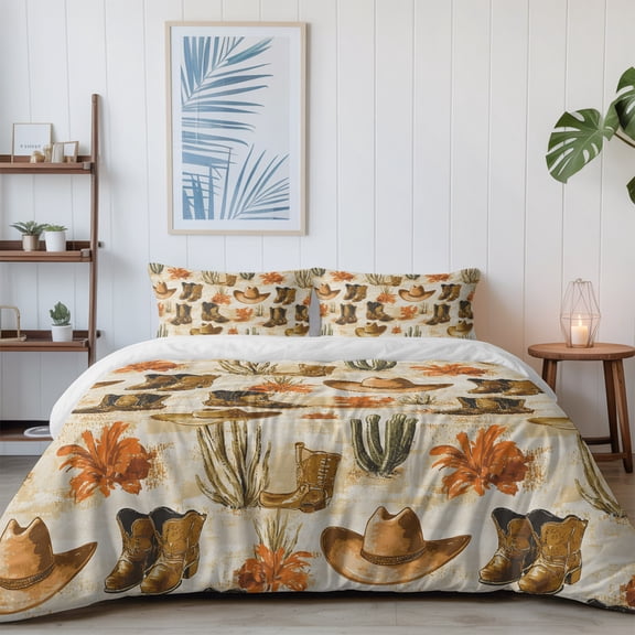 Western Retro Cowboy Boot Hat California King Size Bed Set,Summer Desert Cactus Bedding for All Seasons,4 Pcs Bed Set with 1 Quiltcover (96"x104"),1 Sheet (110"x98"),2 Pillowcases (20"x36")